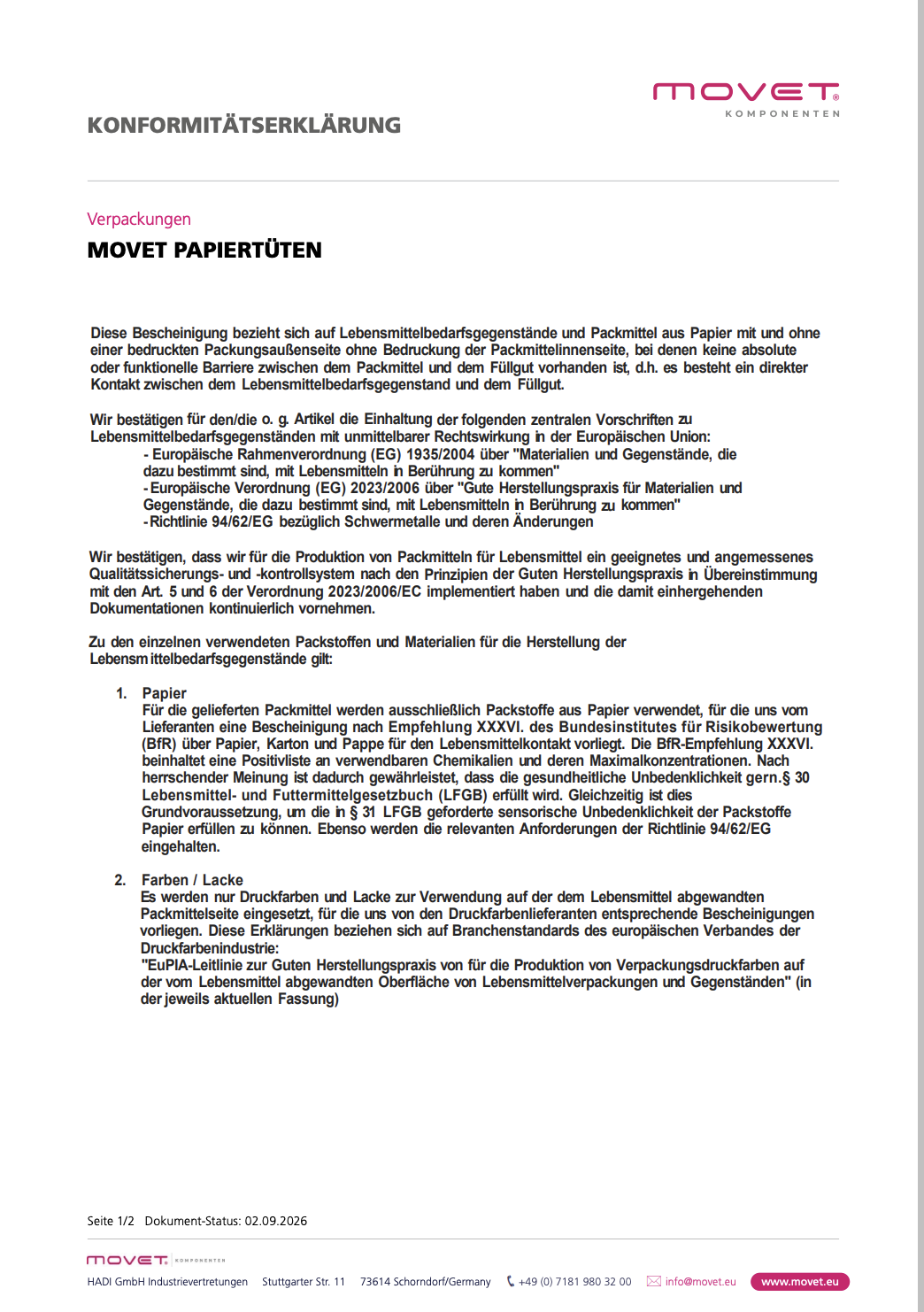 Zertifikat MOVET Papiertüten