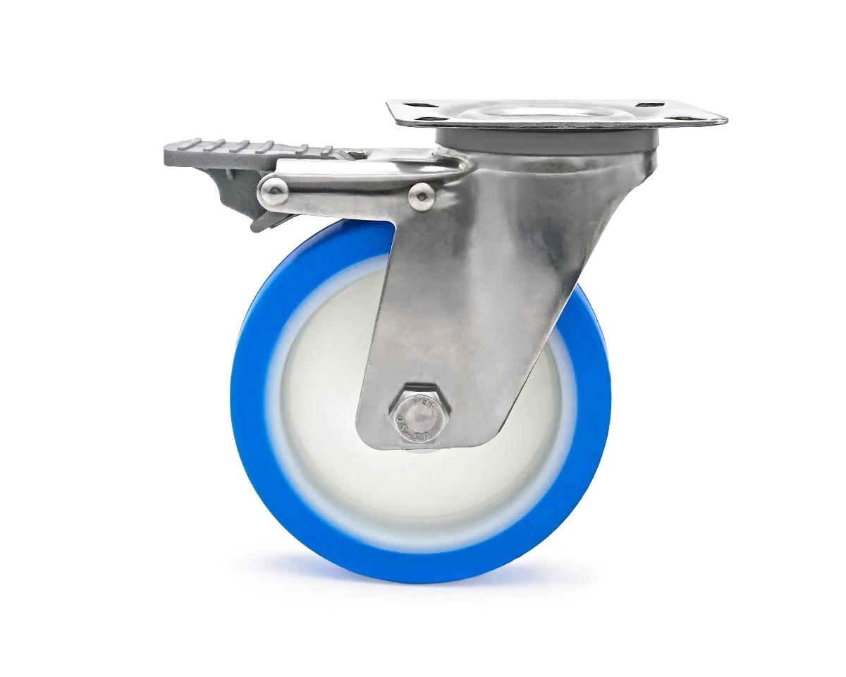 Swivel castor, stainless steel housing, Ø 100 mm, PU blue, 82 Shore, plastic parking break, total height 131 mm