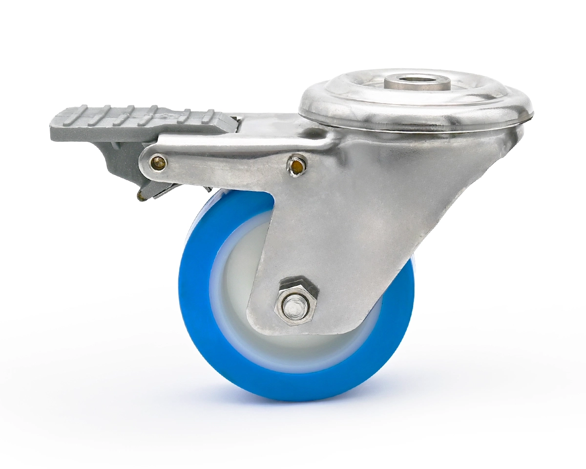 Swivel castor, stainless steel housing, Ø 100 mm, PU blue, 82 Shore, plastic parking break, total height 131 mm