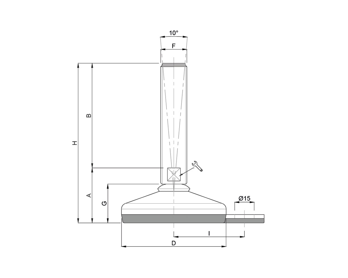 Element 3 von 3 (Bild) – Maschinenfuß / Gelenkfuß VULCANIZED Edelstahl, Ø 60 mm, M20 x 225 mm, Hygiene, Lasche, NBR