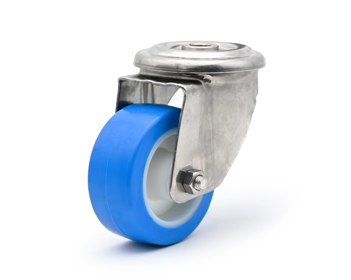 Element 2 of 3 (image) – Swivel castor, stainless steel housing, Ø 150 mm, PU blue, 82 Shore, total height 181 mm