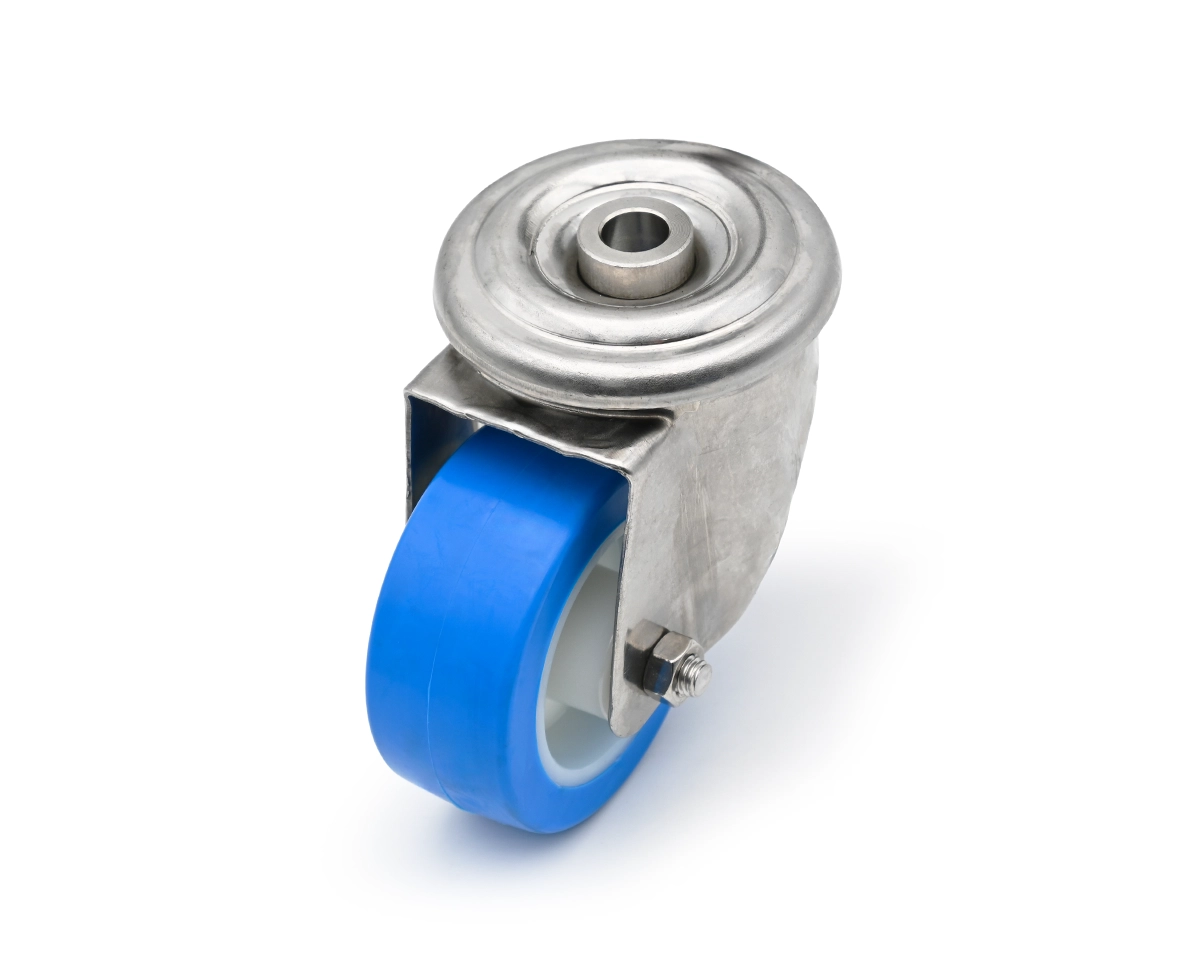 Element 3 von 3 (Bild) – Lenkrolle, Edelstahl Gehäuse, Ø 80 mm, PU blau, 82 Shore, Gesamthöhe 110 mm