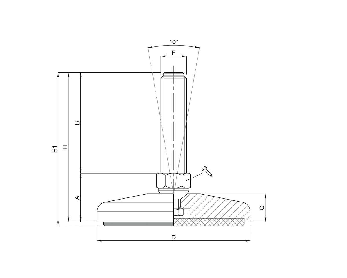 Element 4 von 4 (Bild) – Maschinenfuß / Gelenkfuß MASSIV Stahl, Ø 100 mm, M20 x 150 mm, NBR