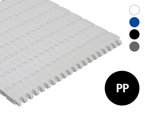 Modular plastic belt 25-406 grid-shaped surface, 13 % flow, p=25  PP white, blue, grey, FDA