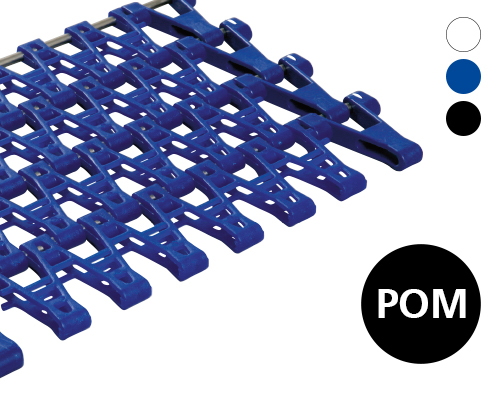 Modular radius belt J450, one side curve, lattice-shaped surface, 70 % flow, 50 mm pitch, POM, FDA