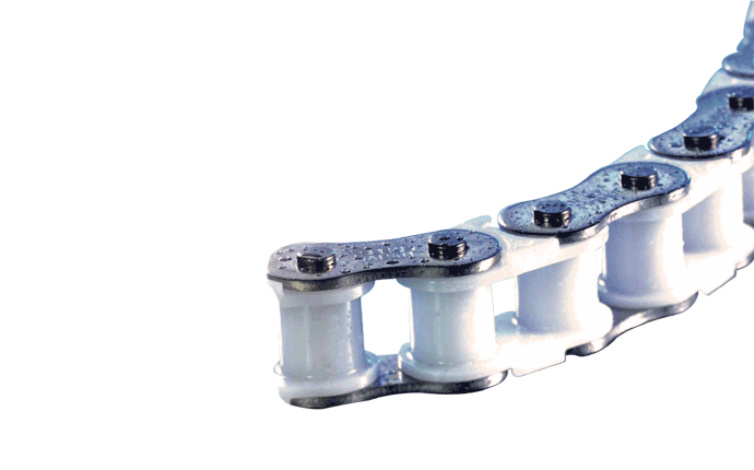 Roller chain 10 B-1, 5/8" x 3/8", poly-steel chain, DIN 8187, lub-free, POM/ VA, pack 5 M.