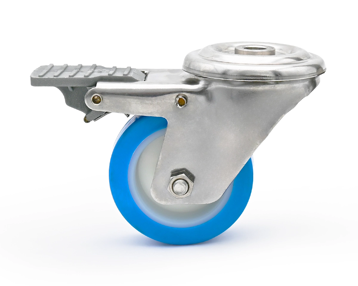 Swivel castor, stainless steel housing, Ø 80 mm, PU blue, 82 Shore, plastic parking break, total height 110 mm