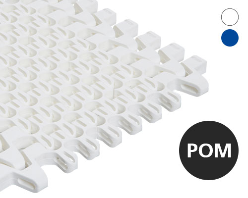 Modular radius belt S100R, lattice-shaped surface, 57 % flow, 25 mm pitch, POM, FDA