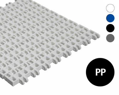 Modular plastic belt 25-400 lattice-shaped surface, 29 % flow, p=25  PP white, blue, FDA, USDA, FSIS