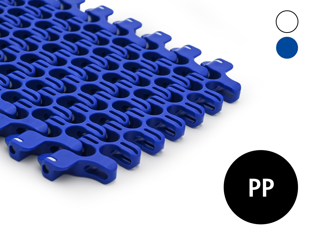 Modular radius belt S101, lattice-shaped surface, 57 % flow, 25 mm pitch, PP, FDA Modular radius belt S101, lattice-shaped surface, 57 % flow, 25 mm pitch, PP, FDA