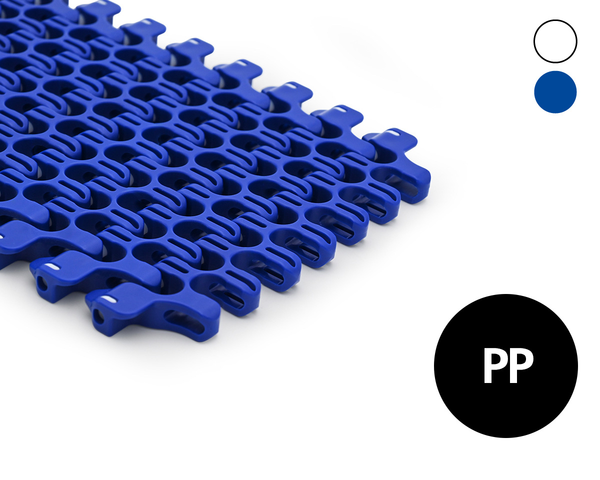 Modular radius belt J101, clockwise, lattice-shaped surface,57 % flow,25 mm pitch, PP, FDA