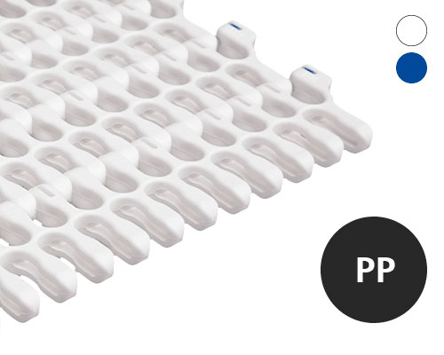 Modular radius belt S201, lattice-shaped surface, 52 % flow, 50 mm pitch, PP, FDA