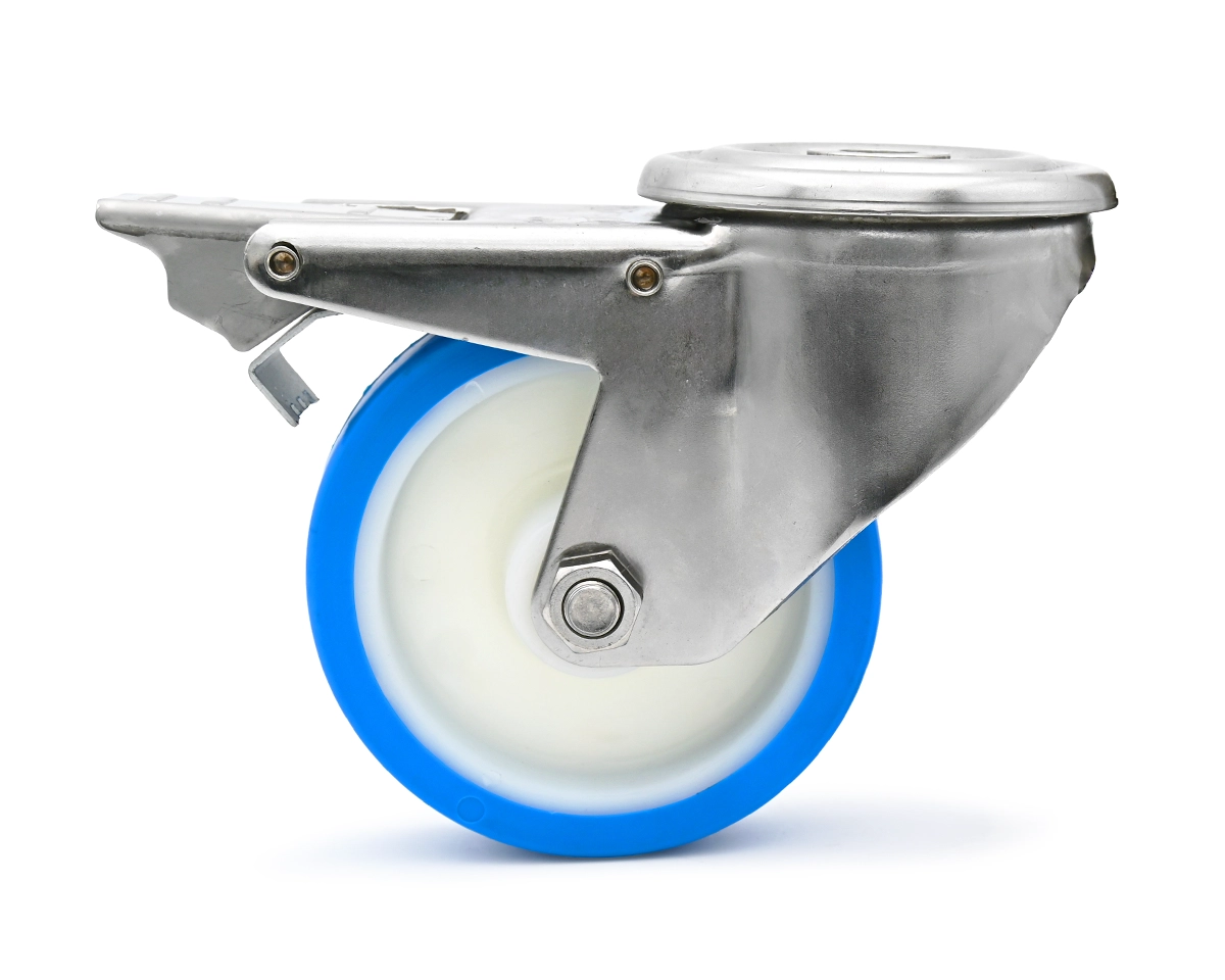 Lenkrolle, Edelstahl Gehäuse, Ø 125 mm, PU blau, 82 Shore, Edelstahl-Feststellbremse, Gesamthöhe 155 mm