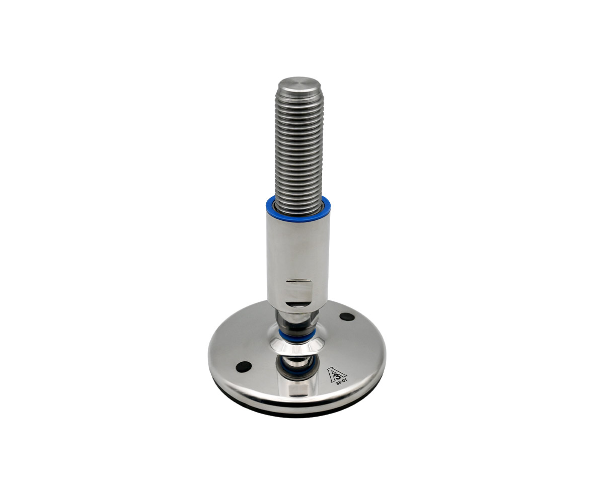 Maschinenfuß / Gelenkfuß TEKNO-HYGIENIC 3-A, Ø 100 mm Edelstahl, M24 x 140 mm, Bohrungen, NBR