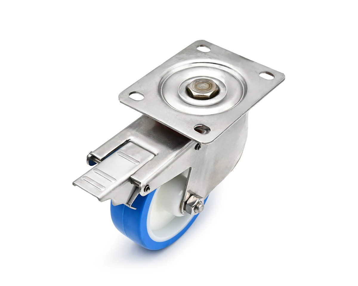 Element 2 of 3 (image) – Swivel castor, stainless steel housing, Ø 125 mm, PU blue, 82 Shore, total height 156 mm, stainless steel parking brake
