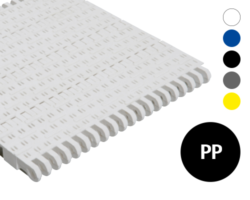 Modular belt 50-630 perforated flat top, 3 mm ribs, 9 % flow, p=50  PP white, blue, grey, FDA, USDA, FSIS