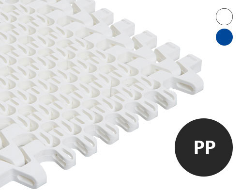 Modular radius belt S100R, lattice-shaped surface, 57 % flow, 25 mm pitch, POM, FDA