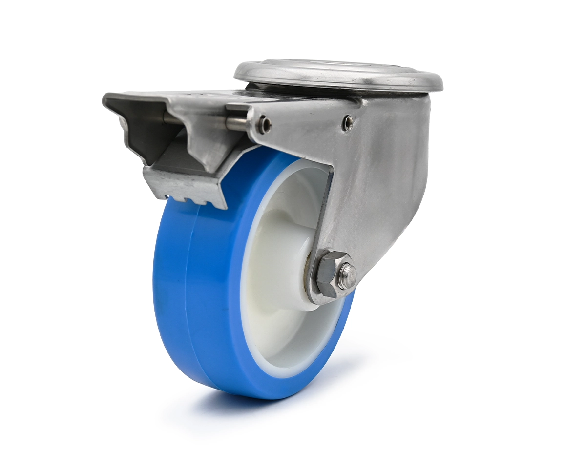 Element 3 of 3 (image) – Swivel castor, zinc plated, Ø 150 mm, PU blue, 82 Shore, stainless steel parking break, total height 181 mm