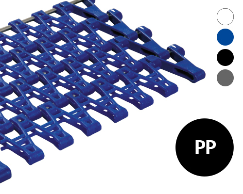 Modular radius belt J450, on side curve, lattice-shaped surface, 70 % flow, 50 mm pitch, PP, FDA