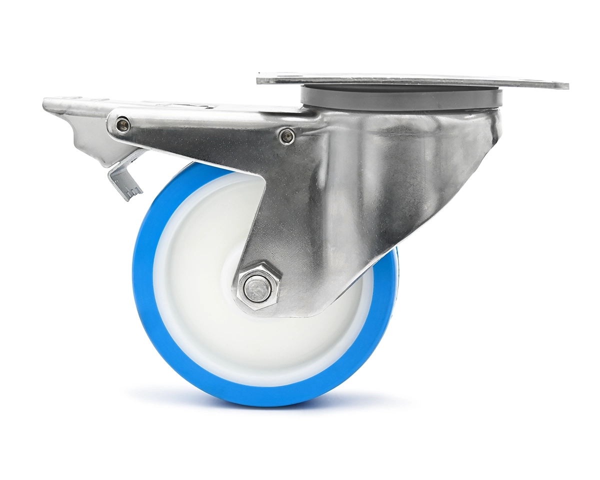 Element 3 of 3 (image) – Swivel castor, stainless steel housing, Ø 125 mm, PU blue, 82 Shore, total height 156 mm, stainless steel parking brake