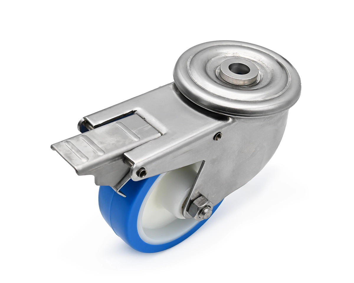 Element 2 of 3 (image) – Swivel castor, stainless steel housing, Ø 125 mm, PU blue, 82 Shore, stainless steel parking break, total height 155 mm