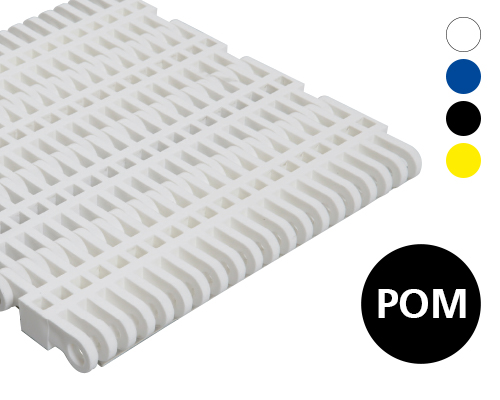 Modular plastic belt 50-100 lattice-shaped surface, 27 % flow, p=50  POM natural, blue, FDA, USDA, FSIS