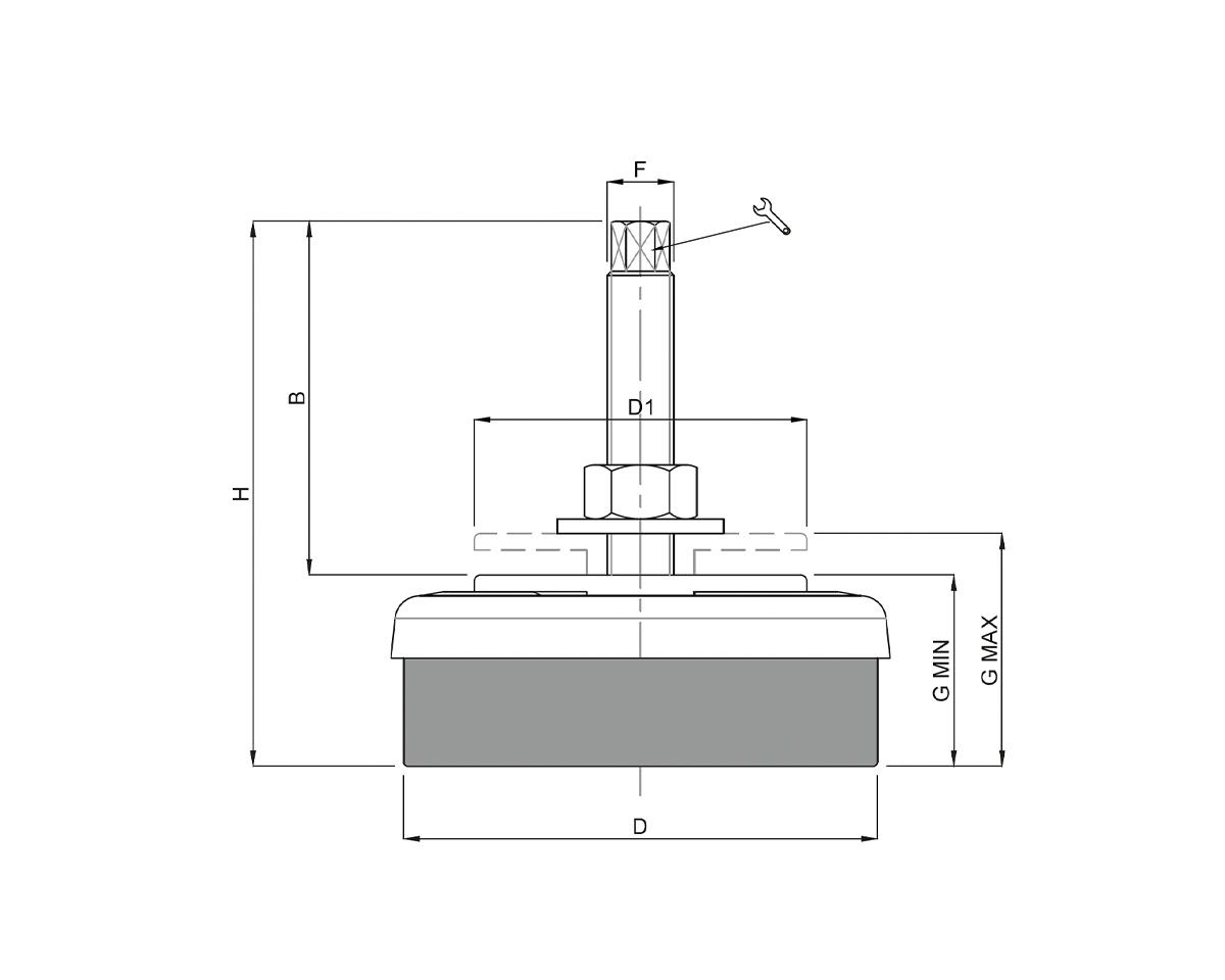 Element 4 von 4 (Bild) – Maschinenfuß / Stellfuß ANTIVIBRATION, Ø 200 mm Stahl, M20x1,5 x 150 mm, NBR
