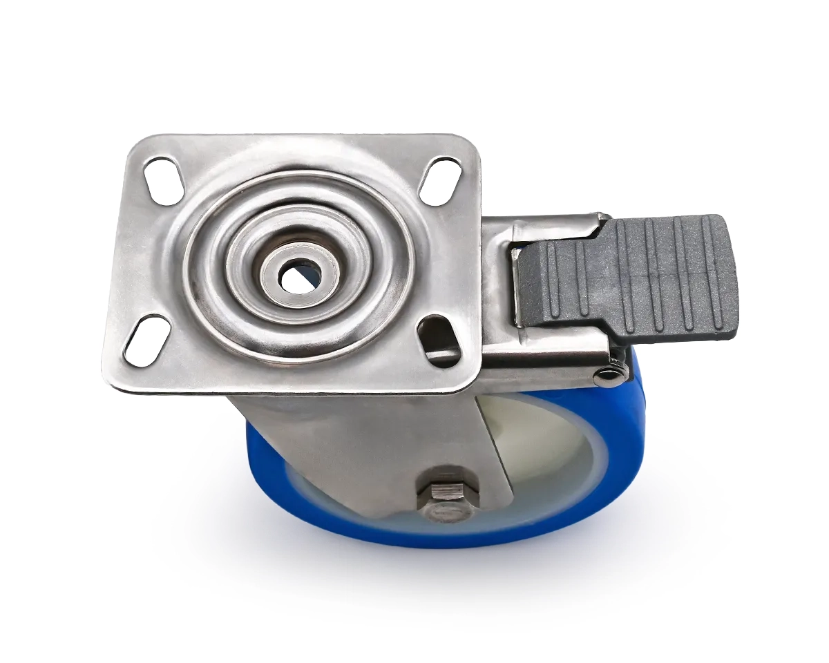 Element 3 von 3 (Bild) – Lenkrolle, Edelstahl Gehäuse, Ø 125 mm, PU blau, 82 Shore, Gesamthöhe 155 mm, Feststellbremse Kunststoff 