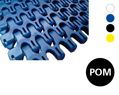 Modular radius belt J101, ant iclockwise lattice-shaped surface, 57 % flow,25 mm pitch, POM