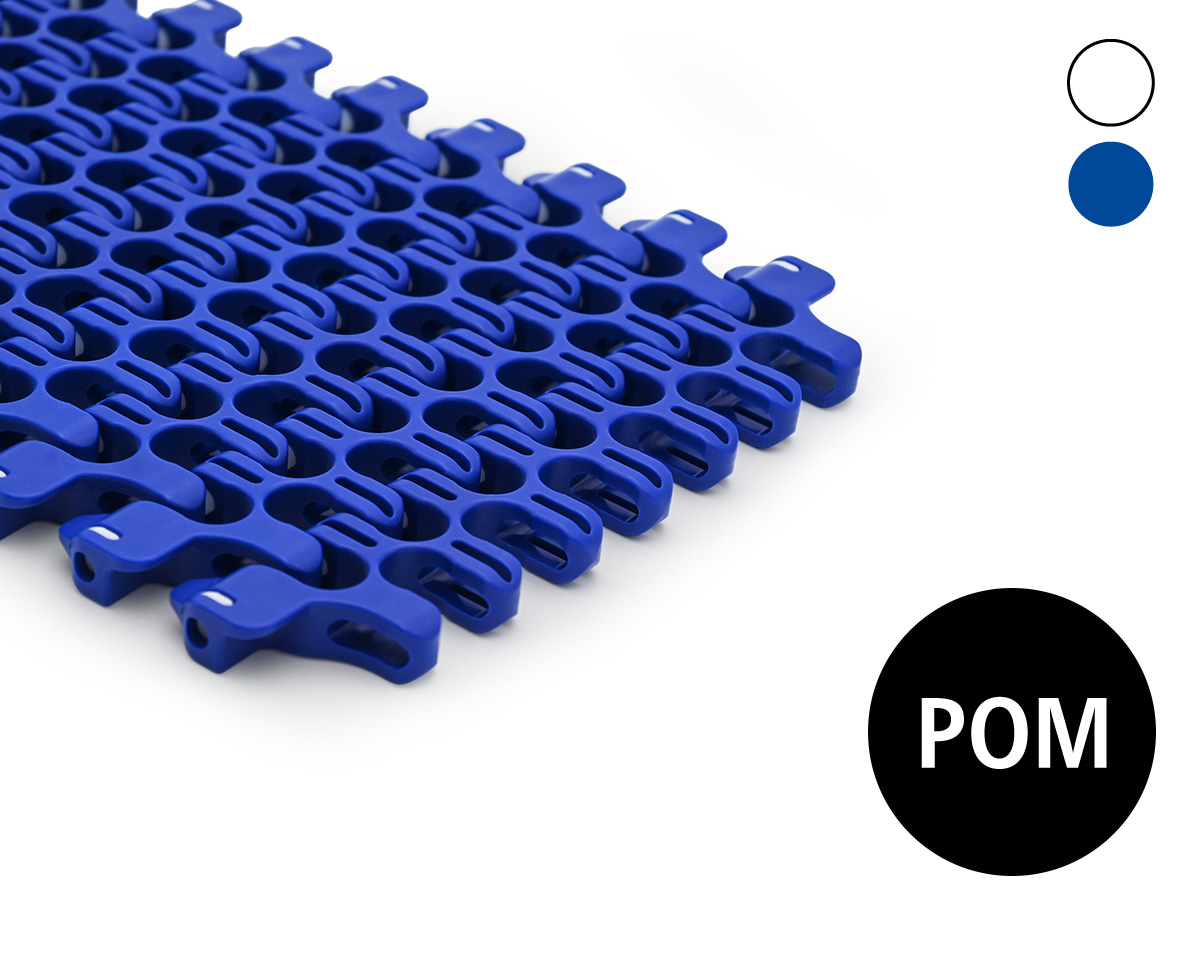 Modular radius belt J101, counter clockwise lattice-shaped surface, 57 % flow,25 mm pitch, POM