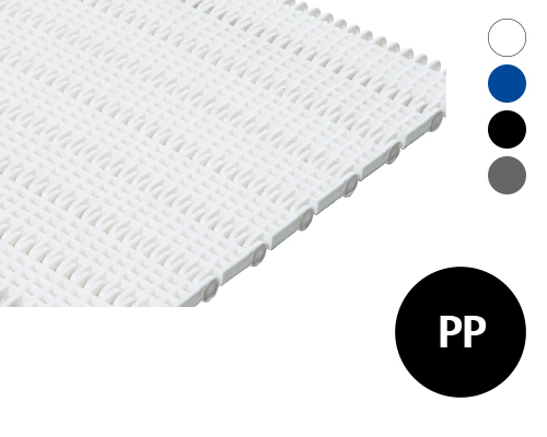 Modular plastic belt 25-100 lattice-shaped surface, 20 % flow, p=25  PP white, blue, grey, FDA, USDA, FSIS