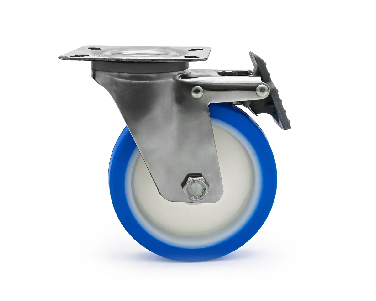 Element 2 of 3 (image) – Swivel castor, stainless steel housing, Ø 125 mm, PU blue, 82 Shore, total height 155 mm, plastic parking brake