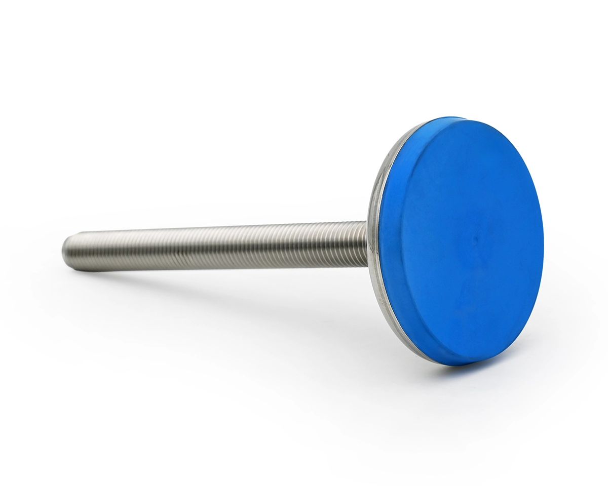 Element 3 von 3 (Bild) – Maschinenfuß / Gelenkfuß VULCANIZED Edelstahl AISI316, Ø 80 mm, M12 x 100 mm, EPDM blau, MOQ 50 St.