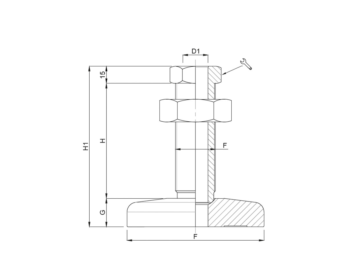 Element 4 von 4 (Bild) – Maschinenfuß / Stellfuß TEKNOFIX, Ø 120 mm Stahl, M36x2 x 100 mm, phosphatiert