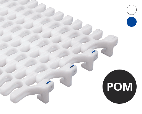 Modular radius belt S 201, hook, lattice-shaped surface, 52 % flow, 50 mm pitch, POM, FDA