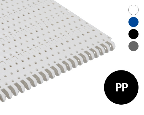 Modular belt 50-606 perforated flat top,10 % flow, p=50  PP white, blue, grey, FDA, USDA, FSIS