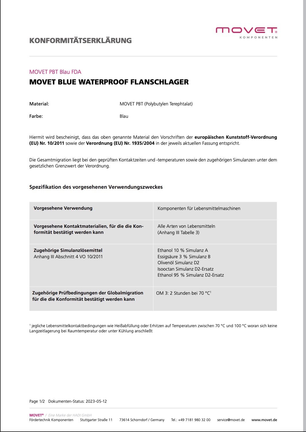 Konformitätserklärung WATERPROOF Flanschlagereinheit