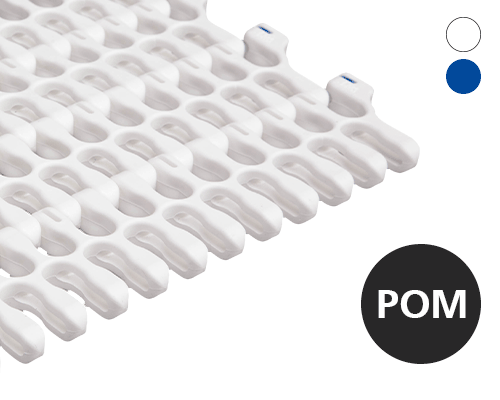 Modular radius belt S201, lattice-shaped surface, 52 % flow, 50 mm pitch, POM, FDA
