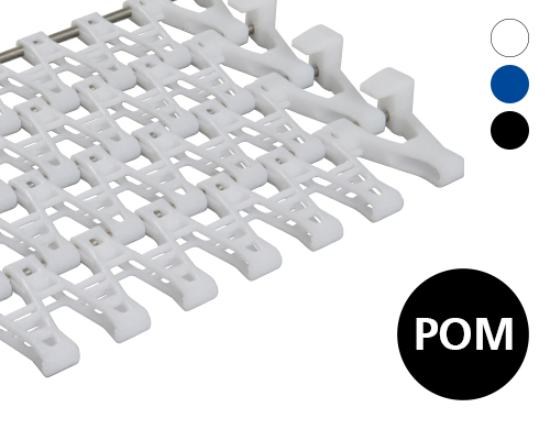 Modular radius belt S250, lattice-shaped surface, 70 % flow, 50 mm pitch, POM, FDA