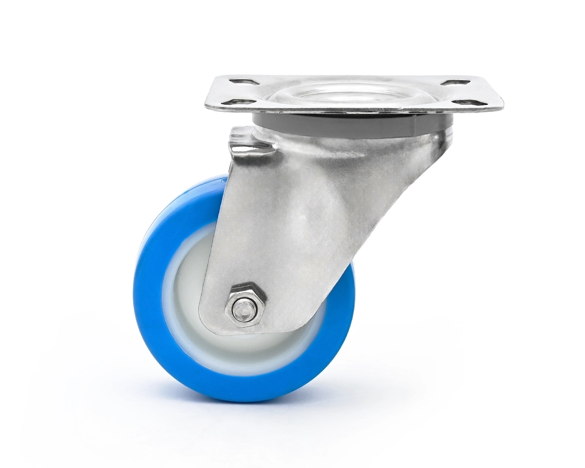 Lenkrolle,  Gehäuse Stahl verzinkt, Ø 100 mm, PU blau, 82 Shore, Gesamthöhe 130 mm