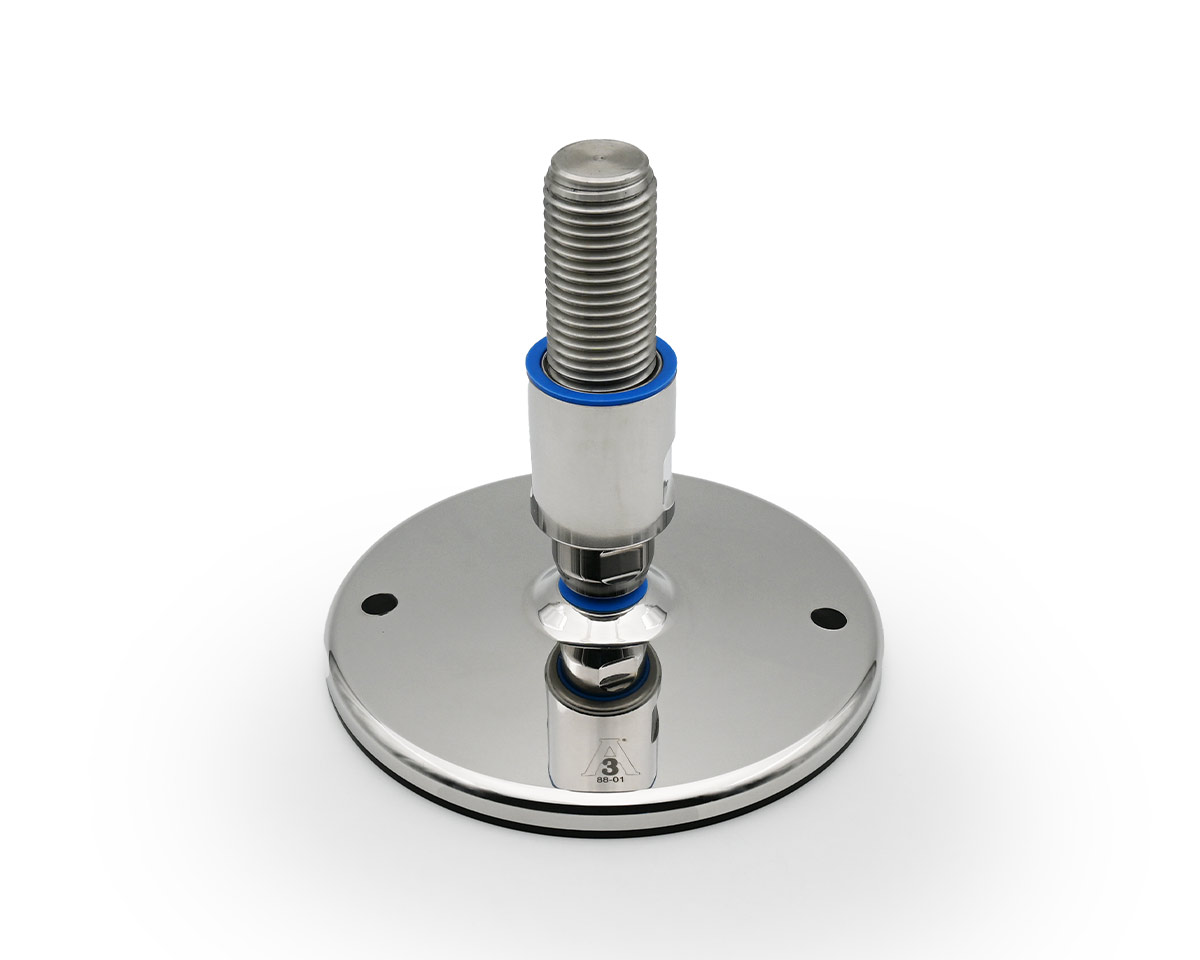 Element 2 von 4 (Bild) – Maschinenfuß / Gelenkfuß TEKNO-HYGIENIC 3-A, Ø 200 mm Edelstahl, M36 x 140 mm, Bohrungen, NBR
