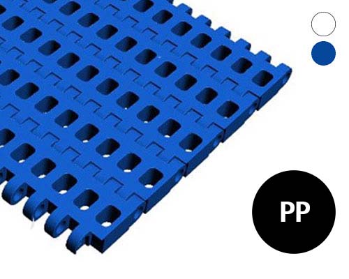 Modular plastic belt 25-401 grid-shaped surface, 29 % flow, p=25  PE whitel, blue, grey, FDA, FSIS