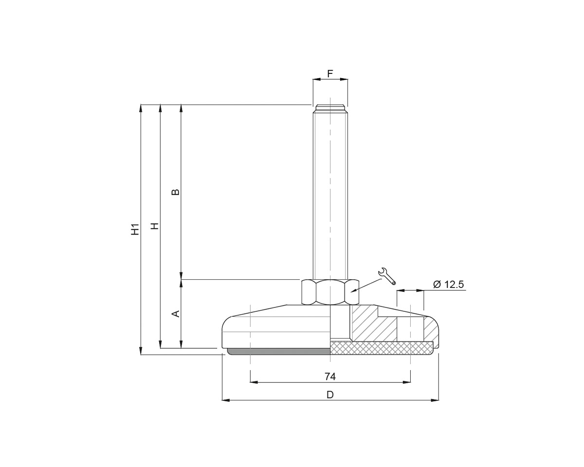 Element 4 von 4 (Bild) – Maschinenfuß / Stellfuß MASSIV Stahl, Ø 120 mm, M24 x 200 mm, Bohrungen