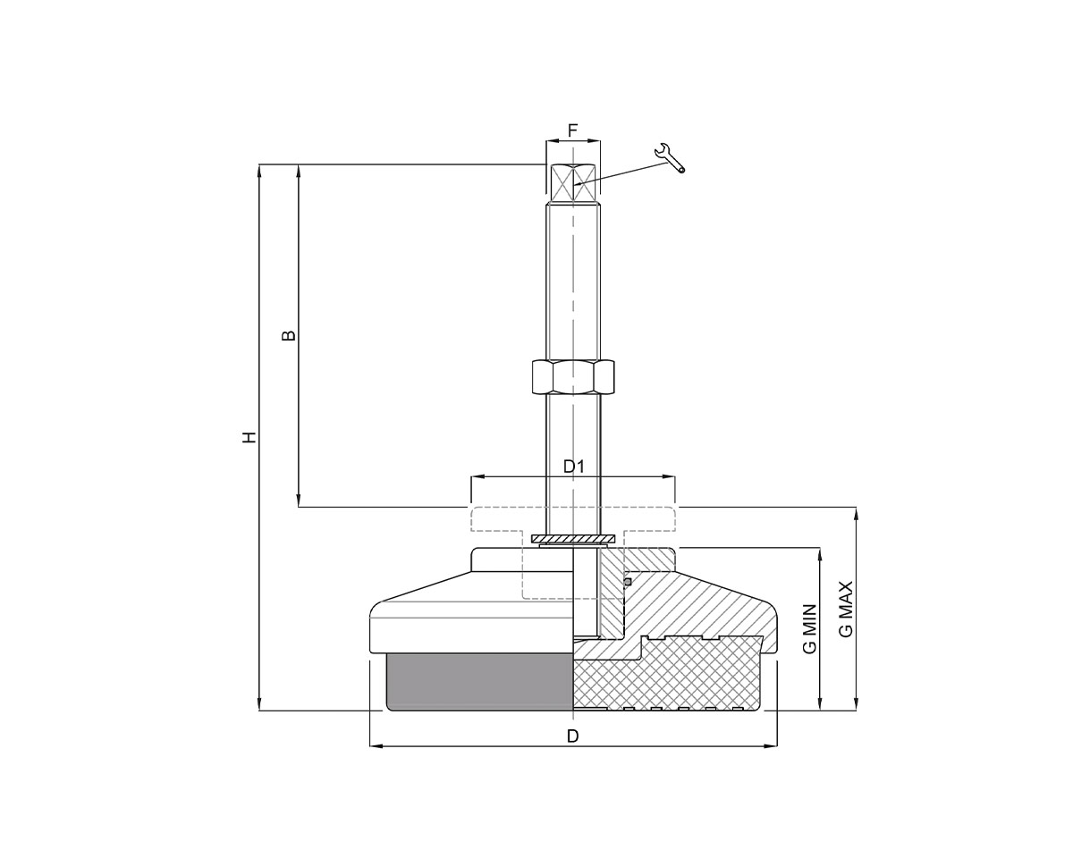 Element 4 von 4 (Bild) – Maschinenfuß / Stellfuß ANTIVIBRATION, Ø 160 mm Stahl, M20 x 110 mm, gelb, NBR