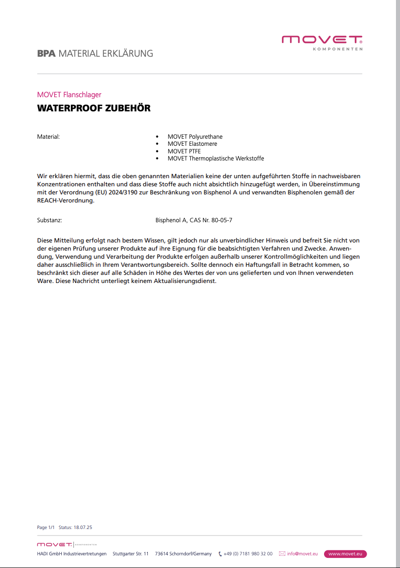 BPA Erklärung - WATERPROOF Zubehör