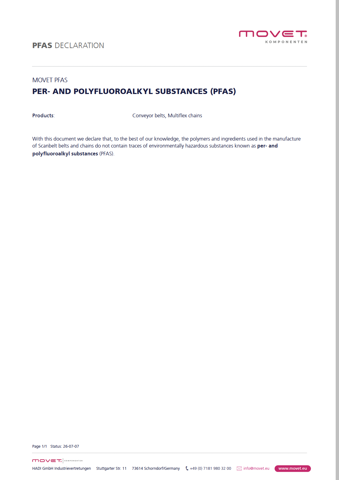 PFAS Declaration Modular Belts
