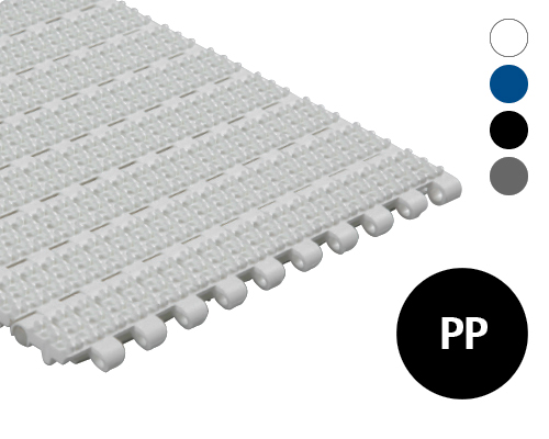 Modular plastic belt 25-836 perforated surface with nubs, 21 % flow, p=25  PP white, blue, grey, FDA, USDA, FSIS