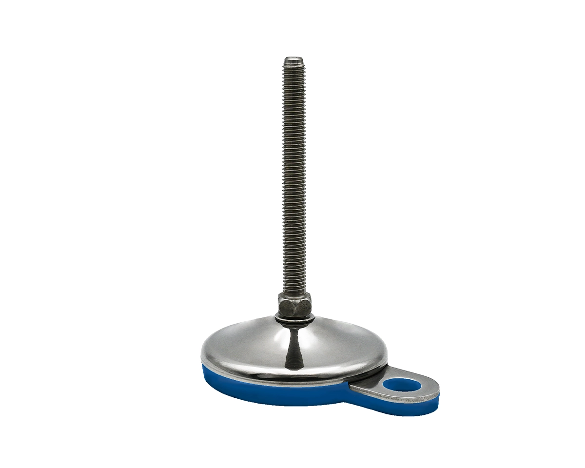 Nivellierfuß mit Gelenk VULCANIZED Edelstahl, Ø 80 mm, M10 x 125 mm Edelstahl, Lasche Ø 15 mm, Antirutsch EPDM blau