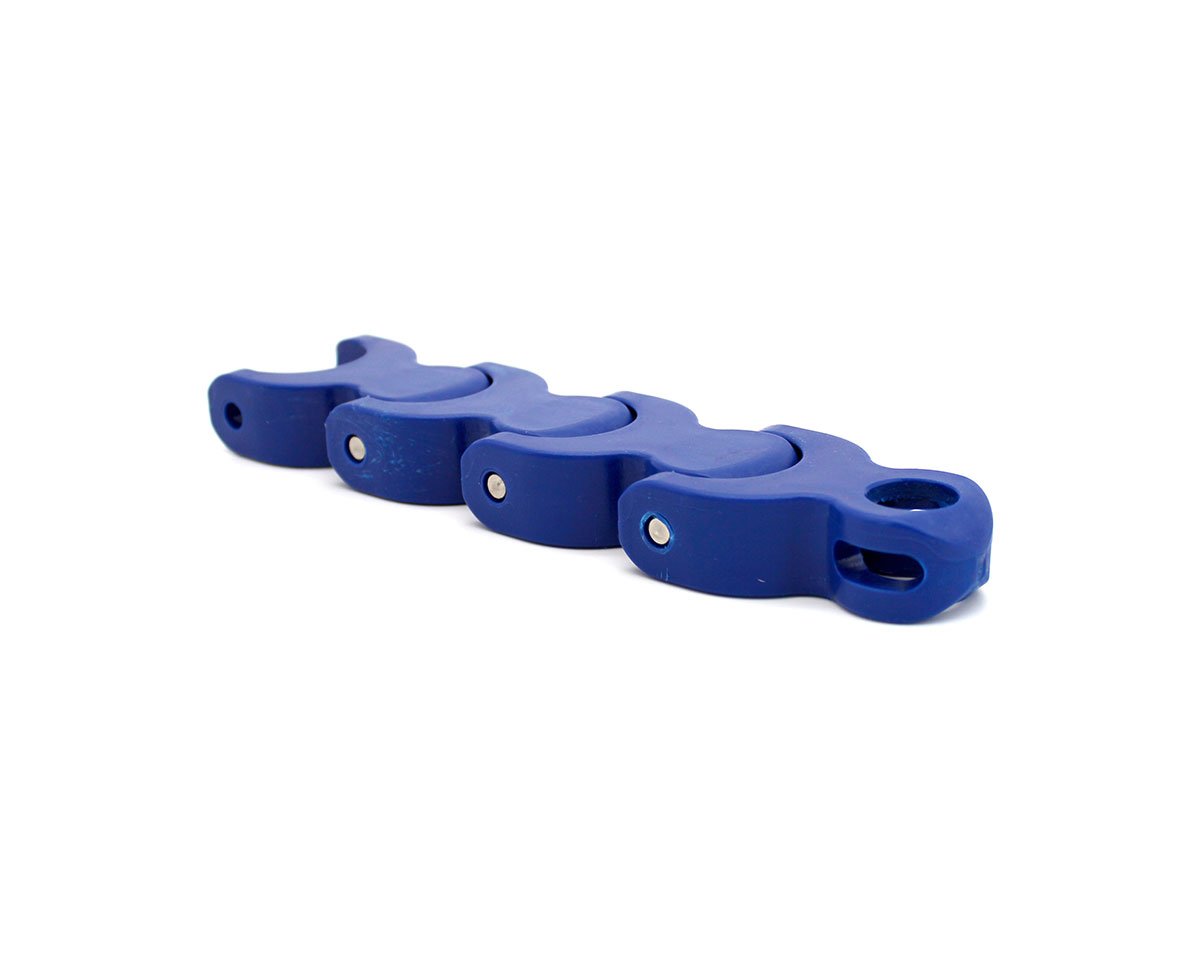 Multiflex-Kette 1702 LF Acetal BLAU Mitnehmerset 1+1 Basisglied, 100 mm lang, zur Montage von Mitnehmerbolzen, kurvengängig