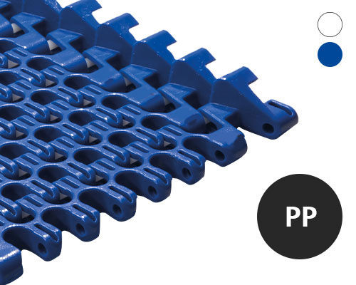 Modular radius belt S100R, hook, lattice-shaped surface, 57 % flow, 25 mm pitch, PP, FDA